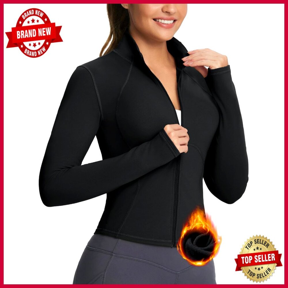 Fleece Zip Up Jacket Slim Fit Crop Length Thumbholes Pockets Running Yoga